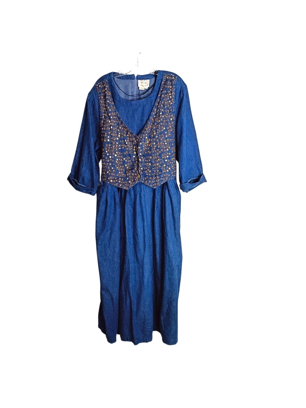 Country Wear Clothing - Vintage Denim Embroidered Vest-Style Midi Dress - 20W